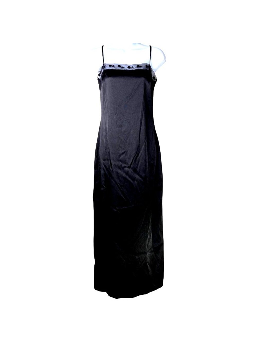 Vintage Byer Too! Black Maxi Dress Floral Mesh Neckline Back Slit Size 7